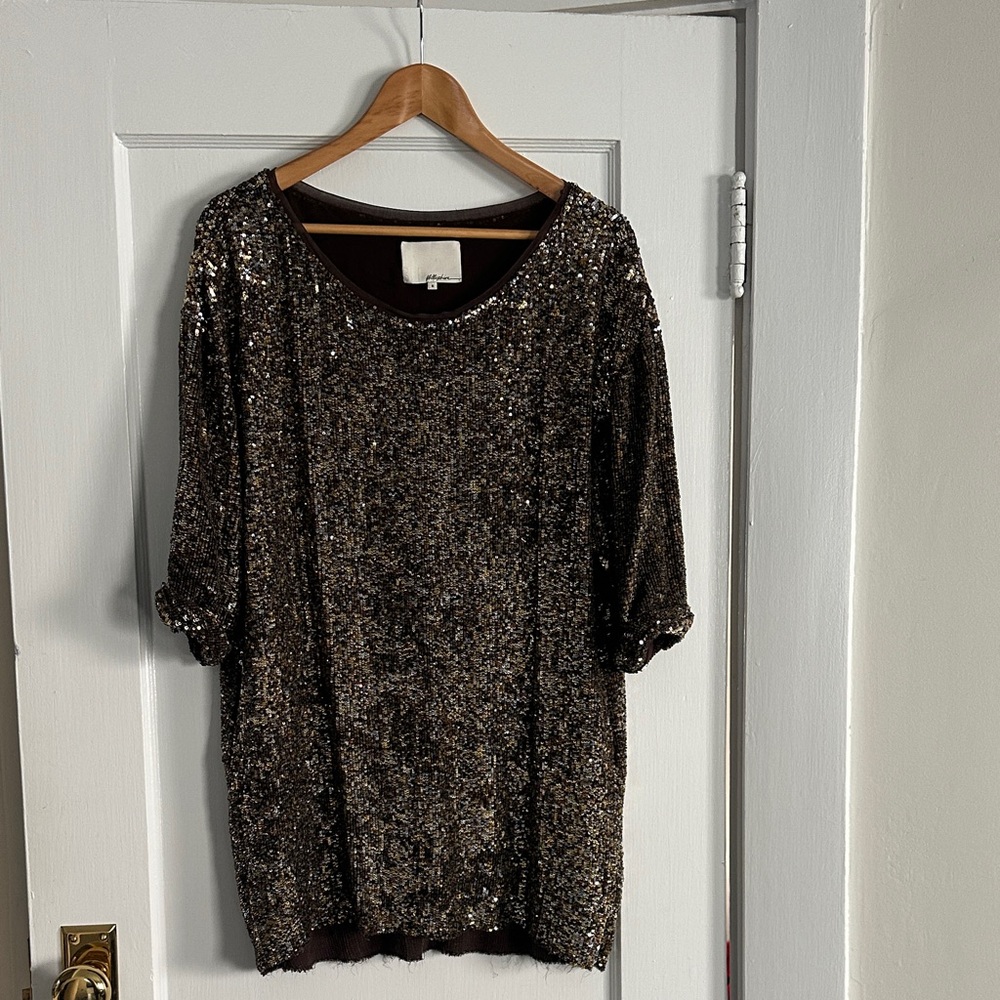 3.1 Phillip Lim 3/4 sleeve Sequin Dress in Multi Gold & Silver